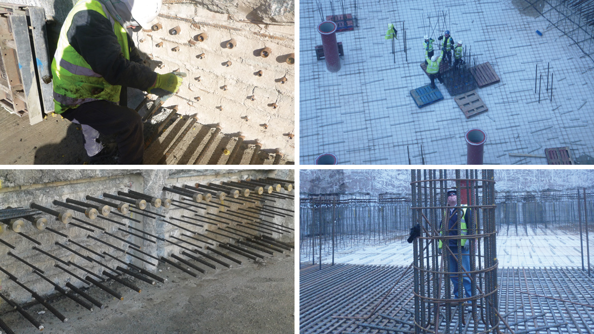 (Top left) Installation of threaded bars, (top right) fixing of the Sheargrid on site, (bottom left) corbel reinforcement and “Terminators” and (bottom right) RC column starter cage - Courtesy of Donaldson Associates