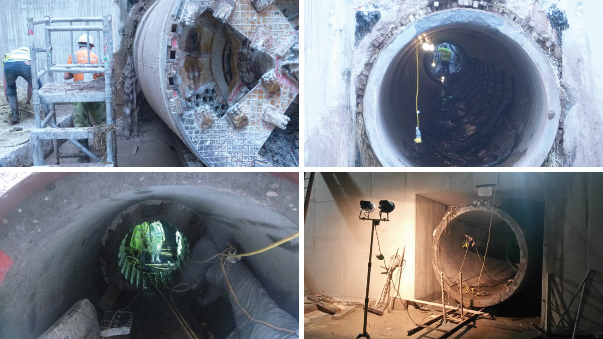 (Top left) Managing water ingress during TBM removal, (top right) installed precast concrete pipe (looking from Tank 3 to Tank 4), (bottom left) hand mined section Tank 4 to Tank 1 and (bottom right) installed pipe following construction of the RC shaft eye - Courtesy of Donaldson Associates
