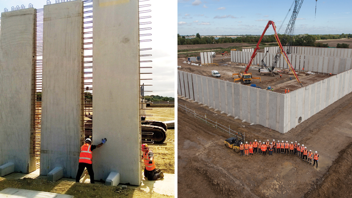 (left) Installation of precast concrete wall unit and (right) new service reservoir under construction - Courtesy of JN Bentley Ltd