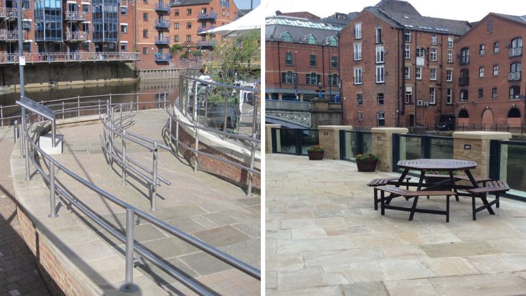 (left) Centenary Bridge - Riverside walkway permitted to flood but properties protected by ramp and (right) glazed panels provided at Dock Street to preserve river view - Courtesy of Mott MacDonald