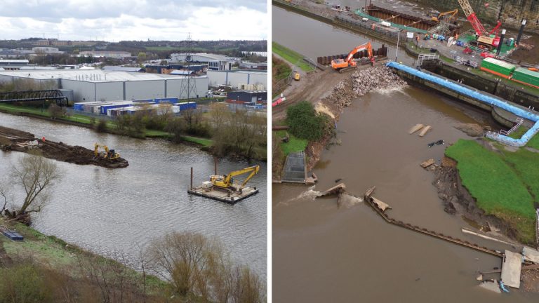 (left) Removal of Knostrop Cut Island and (right) emergency repairs to the canal bywash breach at Knostrop - Courtesy of BMM JV