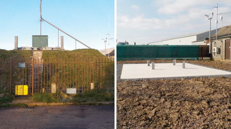 (left) Original Reservoir site prior to decommissioning and demolition and (right) original reservoir site following decommissioning and construction of the communication tower base slab (utilising one compartment of the old reservoir) - Courtesy of Bristol Water