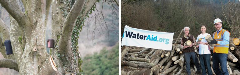 (left) Bat and bird boxes installed in trees around site and (right) Rory Jones of Skanska (right) transferring the logs to local resident Giovanni Jacovelli (left), with Welsh Water North East Distribution Manager and WaterAid Representative Oliver Malkin (Centre) - Courtesy of DCWW