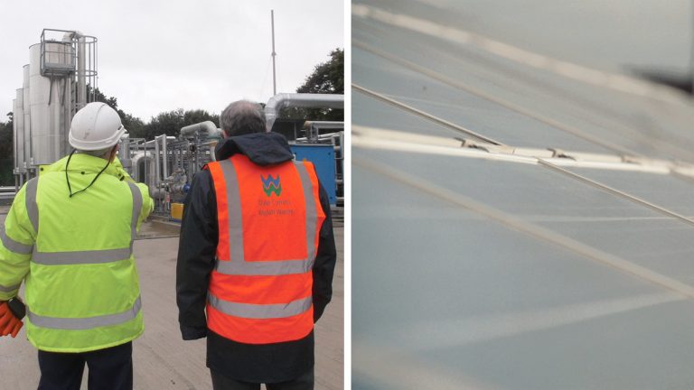 (left) Five Fords site operators with the activated carbon filters in the background and (right) Phase 1 Solar PV - Courtesy of Dŵr Cymru Welsh Water