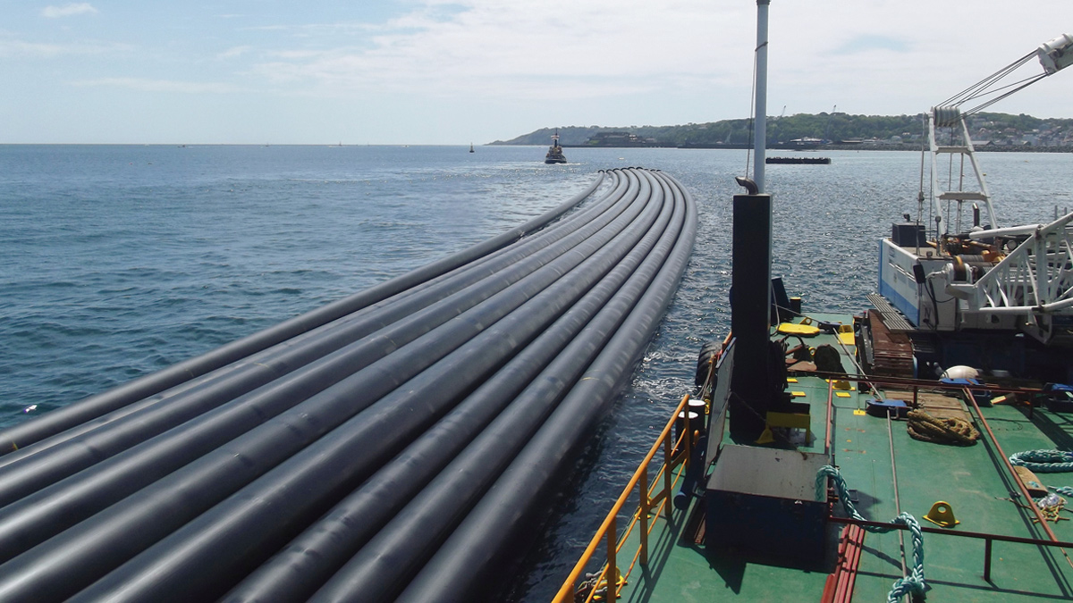 Mooring of pipes prior to collar installation - Courtesy of Guernsey Water