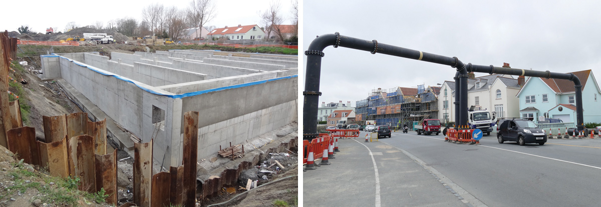 (left) Construction of storm tank and (right) stormwater overpumping pipe bridge - Courtesy of Guernsey Water