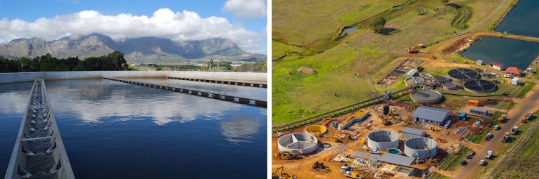 (left) Nereda® reactor at Wemmershoek WwTP in South Africa discharging effluent and (right) Nereda® Kingaroy WwTP in Australia under construction. Opening end 2016 - Courtesy of Aquatec Maxcon