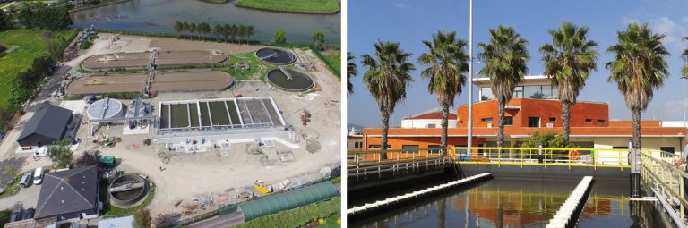 (left) Nereda® Deodoro WWTP in Rio de Janeiro, Brazil, officially opened in May 2016 - Courtesy of Américo Vermelho and (right) Nereda® Frielas, Lisbon, Portugal. Although using only 9% of the total biological volume of the plant, the Nereda® technology will treat 25% of the total flow and produces effluent with a better quality.Nereda® Deodoro WWTP in Rio de Janeiro, Brazil, officially opened in May 2016 - Courtesy of Américo Vermelho