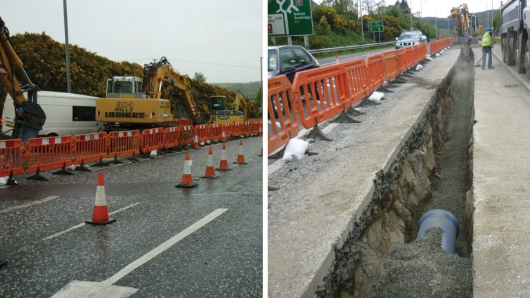(left) Traffic management in place along Craigmore Way, Newry and (right) 500mm Ductile Iron Pipe being laid along Craigmore Way, Newry - Courtesy of NI Water