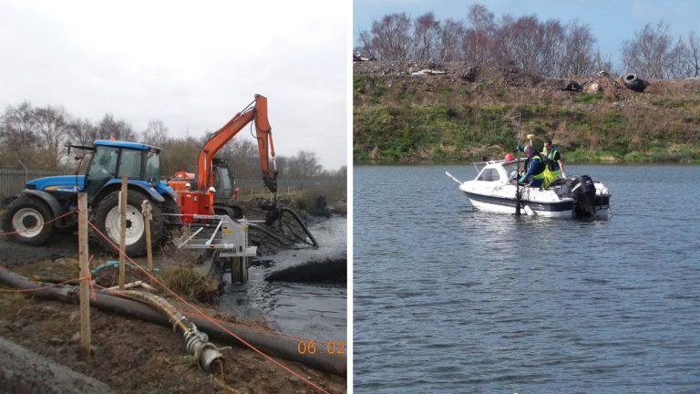 (left) Sludge agitation and recovery and (right) lagoon investigation works - Courtesy VertaseFLI