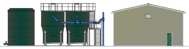 Elevation of the sludge balancing tank, lamella clarifiers with integral thickeners, and centrifuge building - Courtesy of Trant Engineering Ltd