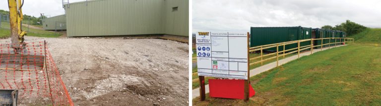 (left) Surface stripping of lamella/centrifuge building and (right) Trant Engineering site offices installed - Courtesy of Trant Engineering Ltd