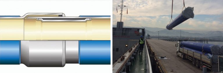 (left) Typical E-Joint and (right) loading pipes off the ship - Courtesy of Caledonia Water Alliance