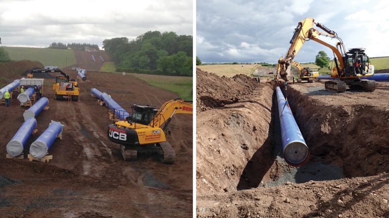 (left) Excavation prior to pipe laying and (right) pipelaying in progress - Courtesy of Caledonia Water Alliance