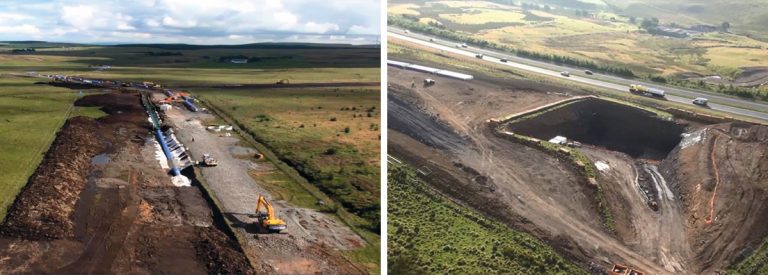 (left) Ariel photo of pipe route and (right) M77 Motorway Crossing TBM reception pit - Courtesy of Caledonia Water Alliance
