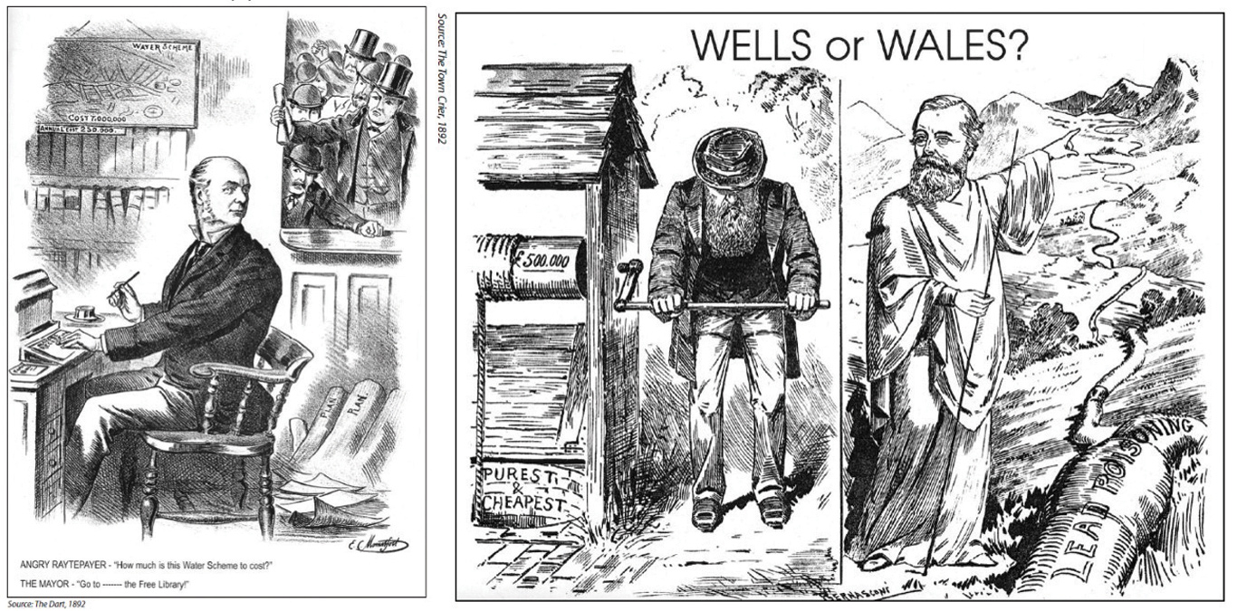 Much like HS2 today, objections focused on the cost and need for the project. These satirical cartoons depict angry ratepayers petitioning the Mayor and highlight the view that wells provided the ‘purest and heapest’ water compared to the risks presented from the new soft water source from Wales - Courtesy of Severn Trent Water