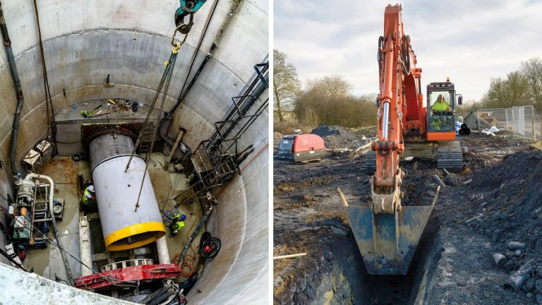 (left) Tunnel construction Courtesy of Tracey Concrete and (right) V-shaped bucket in action - Courtesy of SEW