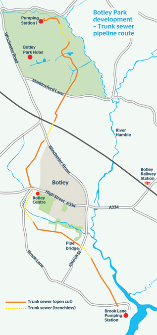 Botley Park Development trunk sewer pipeline route - Courtesy of Mott MacDonald