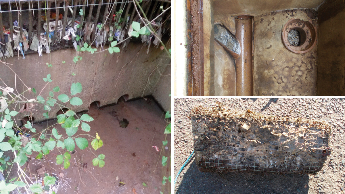 (left) Ragging at outfall into Alexandra Park Stream, (top right) defective open dual manhole and (bottom right) heavily polluted cage removed from surface water sewer - Courtesy of MWH