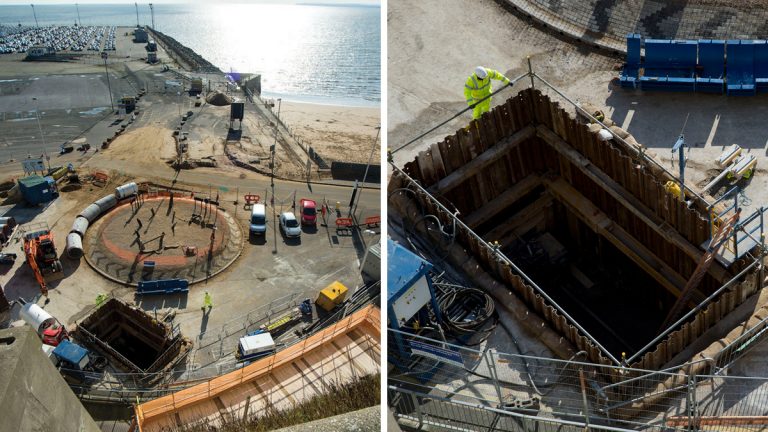 (left) Military Road drive pit with traffic management ensuring access to the Port and (right) access point to the new tunnel that links to the shaft bringing wastewater down from the top of the cliff - Courtesy of Southern Water
