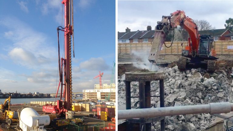 (left) Continuous flight auger piling rig on site and (right) demolition of existing PSTs tanks - Courtesy of 4Delivery