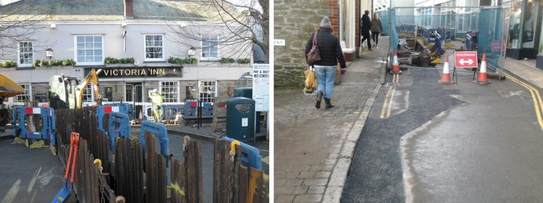 (left) Whitestrand Car Park (Fore Street) 500mm diameter outfall trench and (right) Fore Street trench deviation - Courtesy of SWW Delivery Alliance H5O