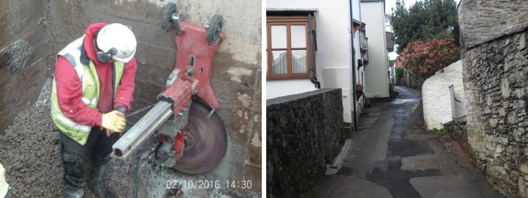 (left) 500mm core drill through headwall for pipe and flapvalve and (right) Robinsons Row after Reinstatement - Courtesy of SWW Delivery Alliance H5O