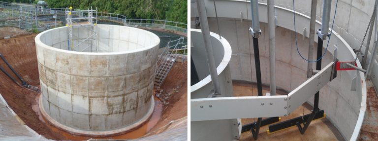 (left) Cast in situ primary settlement tank prior to backfilling and (right) Primary settlement tank scraper arrangement - Courtesy of SWW Delivery Alliance H5O