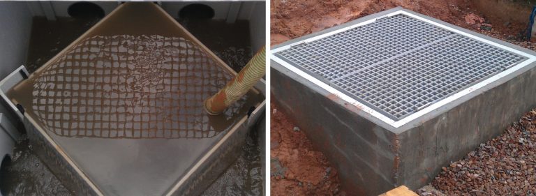 (Left) Flow splitter chamber internal and (right) Prefabricated GRP flow splitter chamber with concrete surround - Courtesy of SWW Delivery Alliance H5O