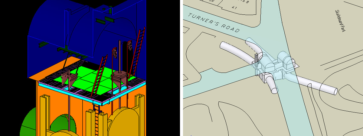 (left) The existing platform arrangement in Chamber 1 (counterweight room not shown) and (right) 3D model showing the position of the penstock chambers under the junction - Courtesy of Optimise