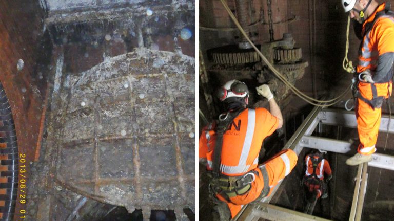 (left) 5 ton penstock from the sewer invert level and (right) Rope access operatives installing the new platform in Chamber 1 - Courtesy of Optimise