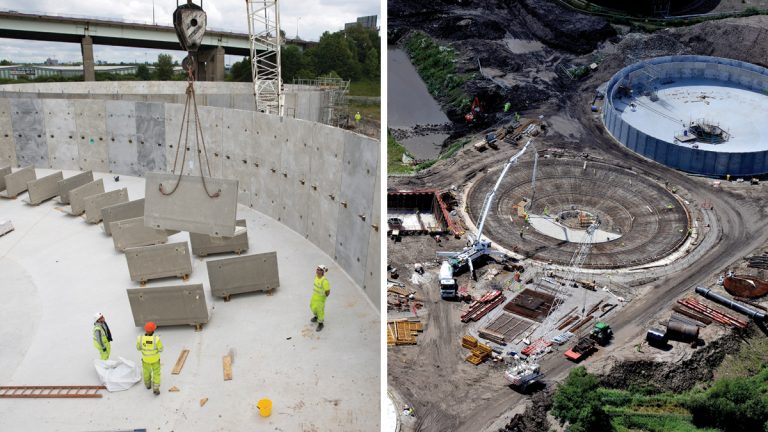 (left) Installation of the precast weirs in a PST and (right) PST under construction - Courtesy of United Utilities and Laing O’Rourke