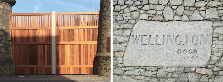 (left) Replica heritage timber gates and (right) name stone in listed wall - Courtesy of United Utilities