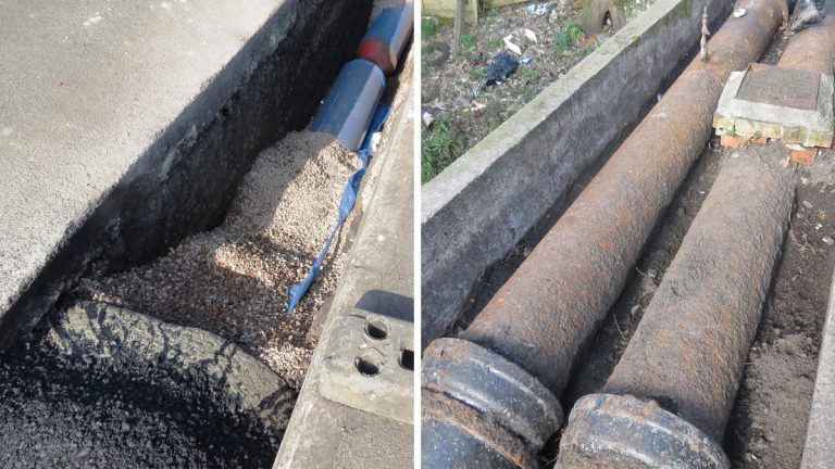 (left) New pipeline being installed on the A38 and (right) the existing water pipes are being replaced with new larger pipes under the project scope - Courtesy of advance JV