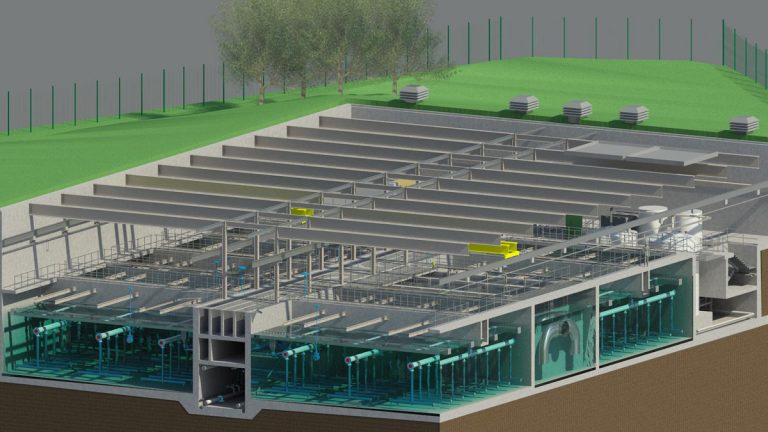 3D model of clarifier building north/south section showing buried structure with south wall and roof removed - Courtesy of MMB Ltd