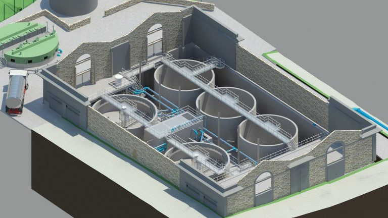 3D Model of existing water recovery building with additional sludge thickener - Courtesy of Mott MacDonald Bentley Ltd