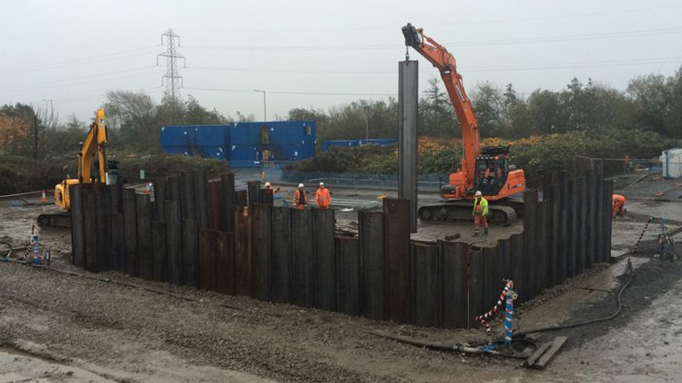 Installation of sheet piles for screens chamber excavation - Courtesy of Morgan Sindall