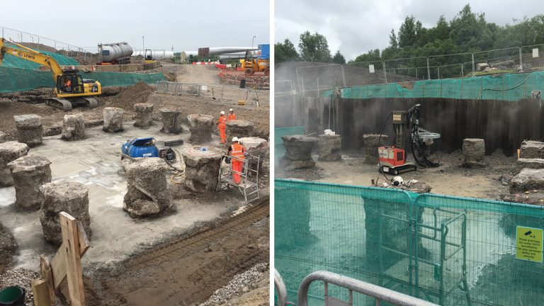 (left) Tops of piles excavated to foundation base formation level and (right) hydro demolition of tops of piles - Courtesy of Skanska Construction UK