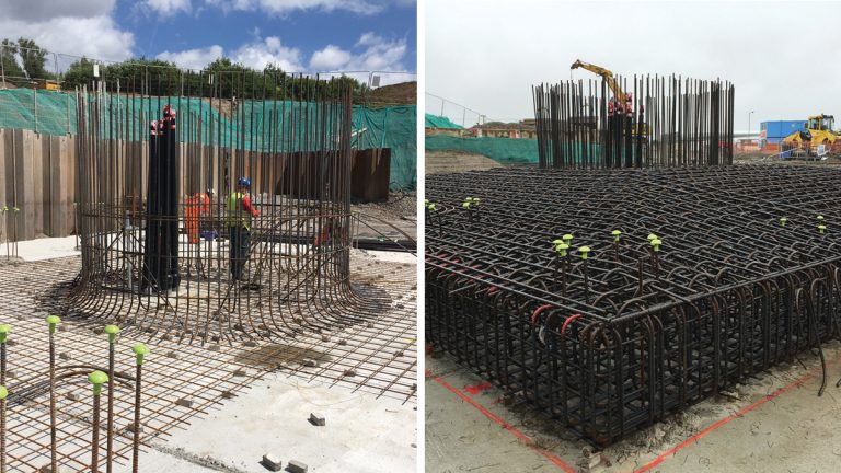 (left) Fixing of foundation steel reinforcement bars and (right) foundation base steel reinforcement - Courtesy of Skanska Construction UK