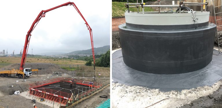 (left) Foundation base concrete pour and (right) foundation plinth and tower anchor with waterproofing applied - Courtesy of Skanska Construction UK Ltd