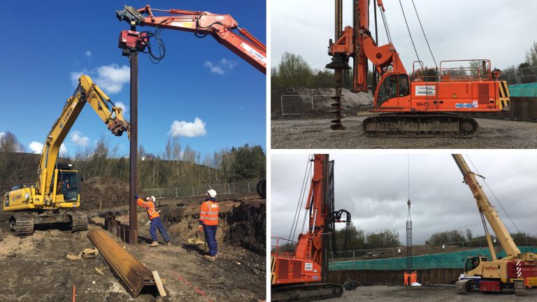 (left) Installing sheet piles for slope stability and protection of rising mains, (top right) Rotary piling rig and (bottom right) Installation of pile reinforcement cage - Courtesy of Skanska Construction UK