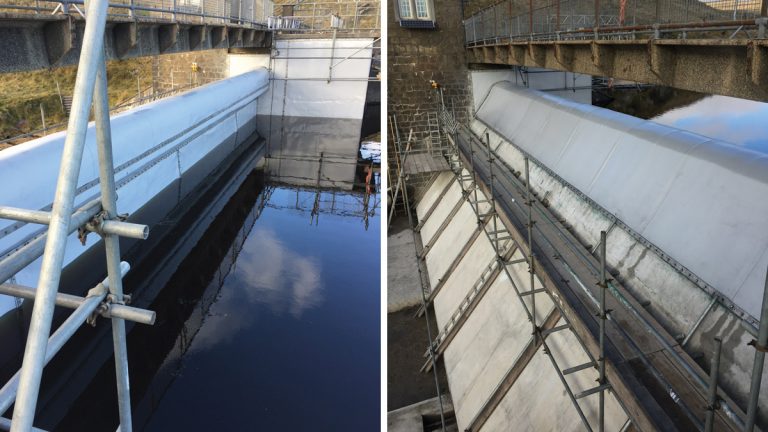 (left) Liner installation to spillway and right abutment and (right) Completed concrete wedge and liner installation over weir - Courtesy of Dŵr Cymru Welsh Water