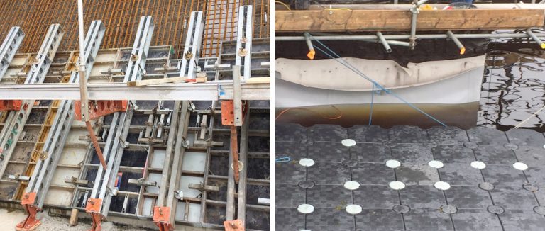 (left) Formwork to downstream spillway face and (right) liner installation to right hand abutment - Courtesy of Dŵr Cymru Welsh Water