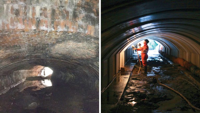(left) Areas had been declared ‘red zones’ in the culvert after suffering full section cracking, ring delamination, heavy deformation to the barrel, and rotation to the abutment and (right) the team worked with the EA to gain approval for a pumping regime to divert Worsley Brook around the culvert and allow VolkerBrooks to work in dry conditions
