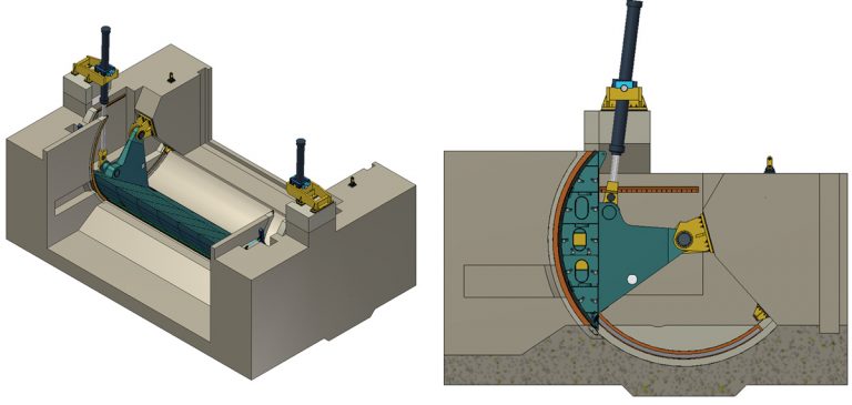 (left) Image of tidal barrier structure, with rising sector gate in velocity control position and (right) Cross section through structure, rising sector gate in tidal surge defence position - Courtesy of Environment Agency