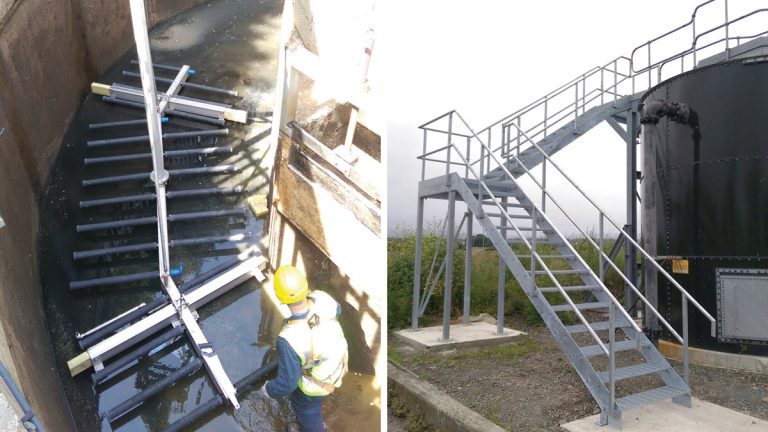 (left) Example of the lift-out aeration grid system at Kilcoole and Redcross and (right) New stairs at Kilcoole - Courtesy of FLI Water