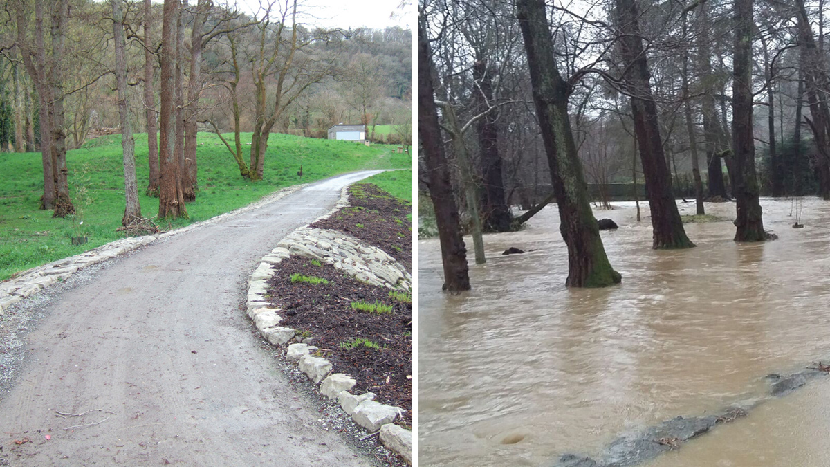(left) Bodnant Garden - Courtesy of Waterco Consultants and (right) December 2015 flood event (same location as photo left) - Courtesy of National Trust