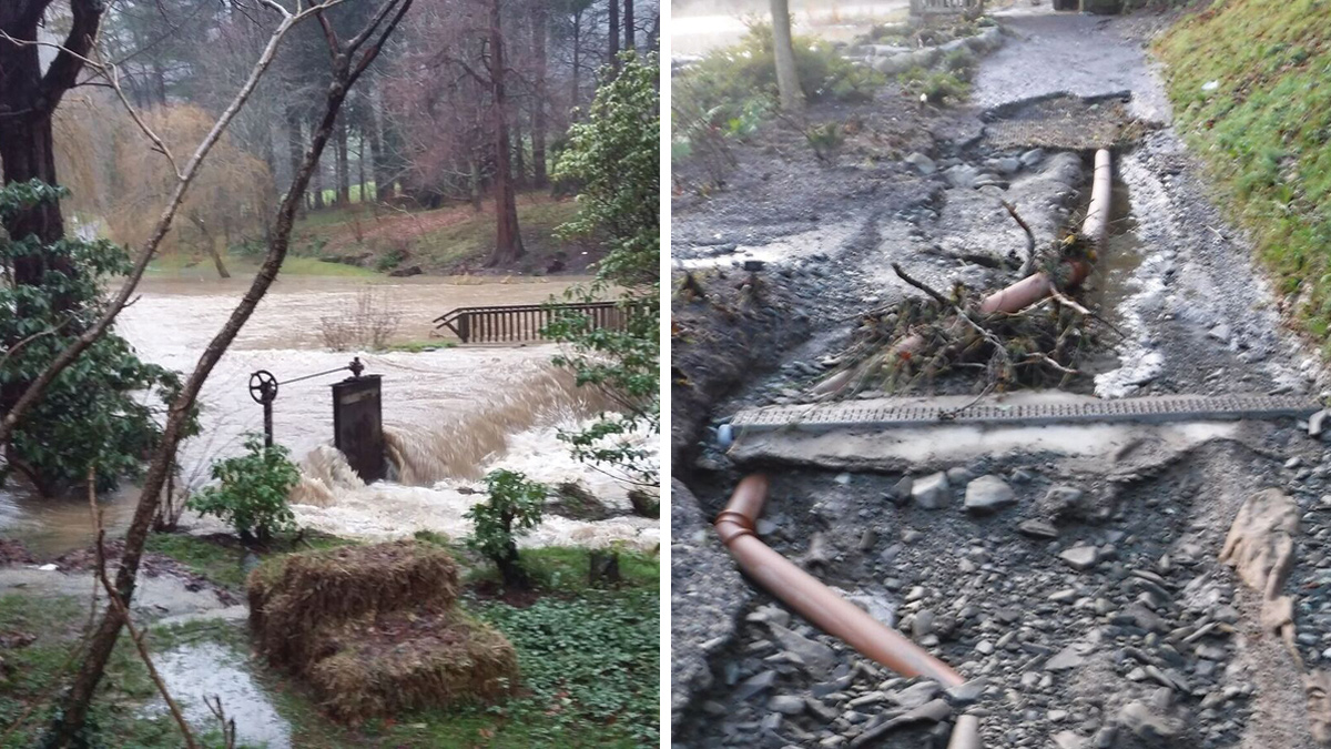(left) December 2015 flood event. A system of weirs, sluices and stop-logs in the foreground are currently used to regulate water levels in the Skating Pond lake behind the main river channel and (right) damage to garden infrastructure following the December 2015 flood - Courtesy of National Trust