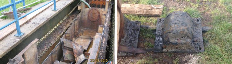 (left) Demolition of old steel caisson sea gate and (right) Roller bearing removed from base of lock - Courtesy of Northumbrian Water Group