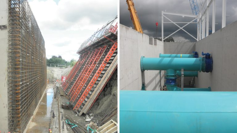(left) Rapid gravity filter outer wall construction and (right) Clarifiers' outlet and run to waste pipework - Courtesy of Doosan Enpure Ltd
